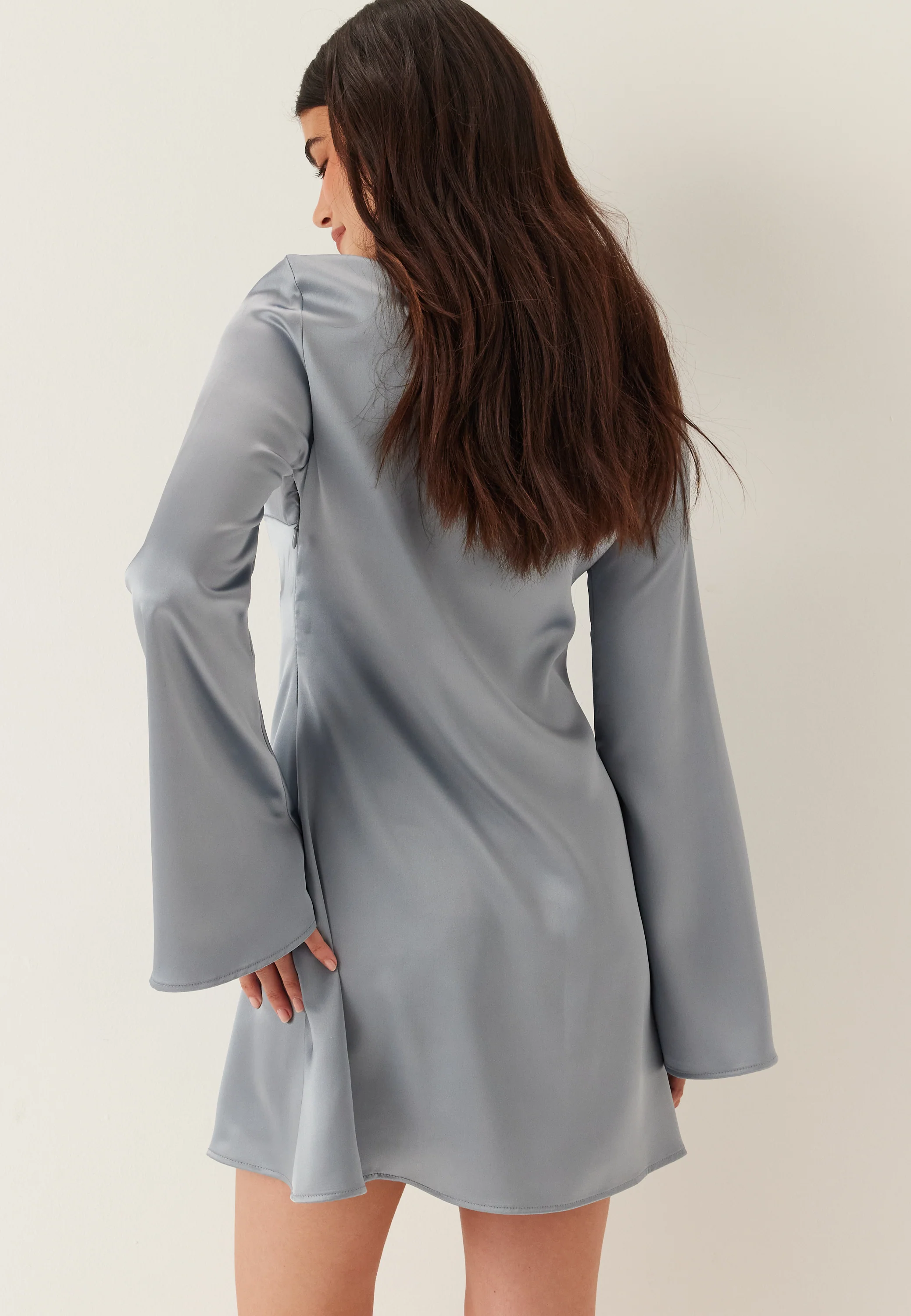 Satin Trumpet Sleeve Short Dress - Image 3