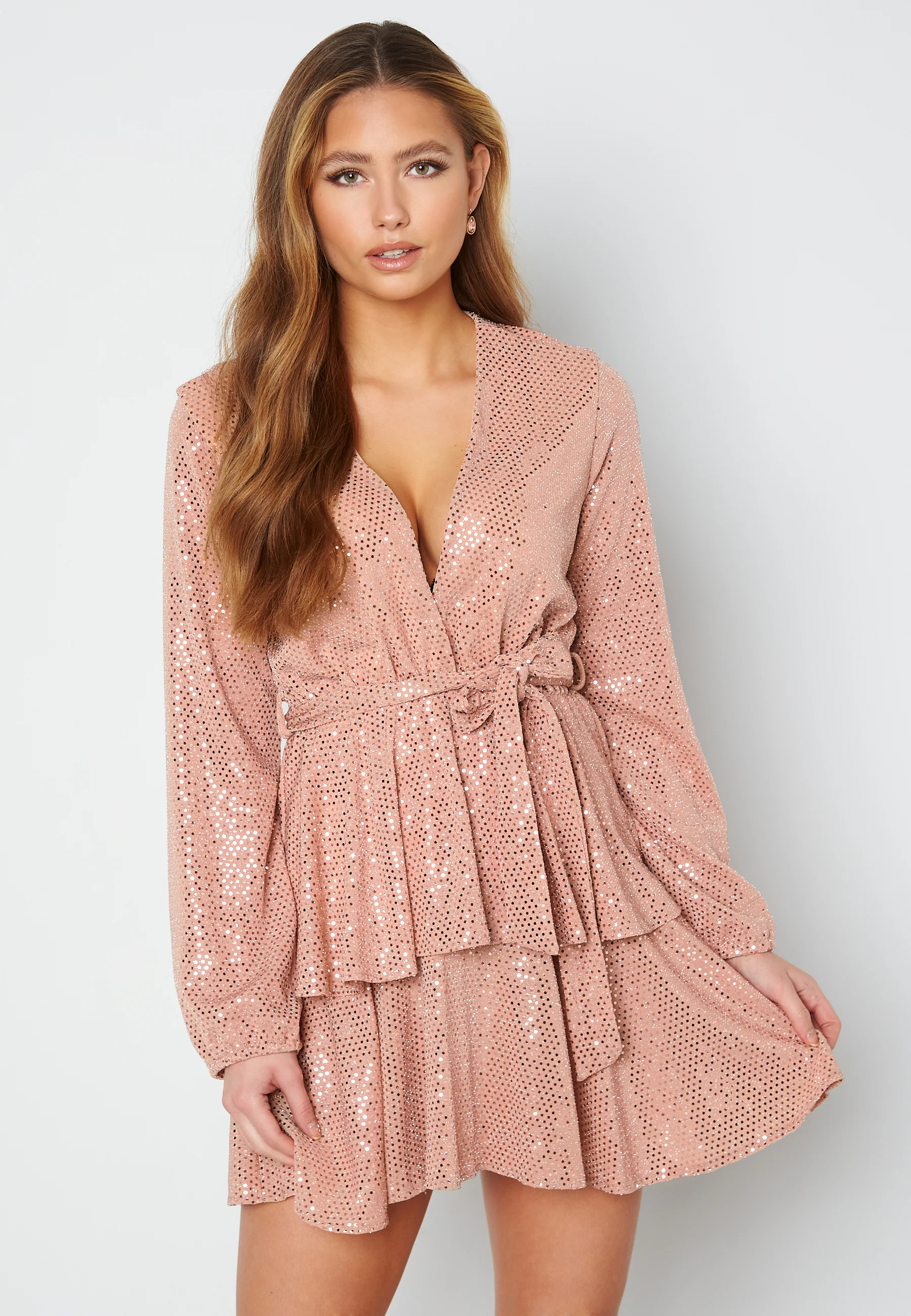 Sequin Deep V Ruffle Skater Dress