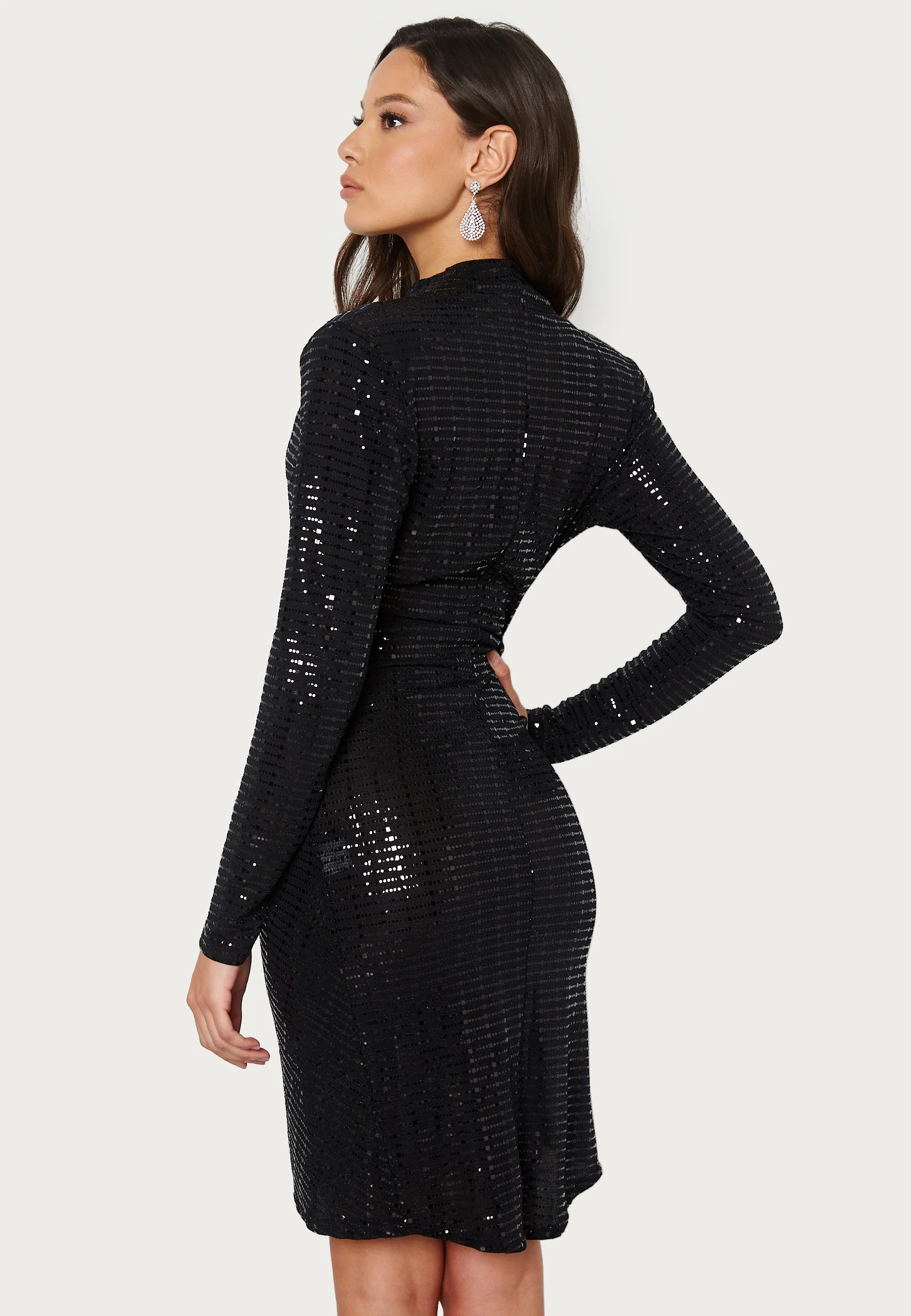Sequin Long Sleeve Rouch Mini Dress - Image 3