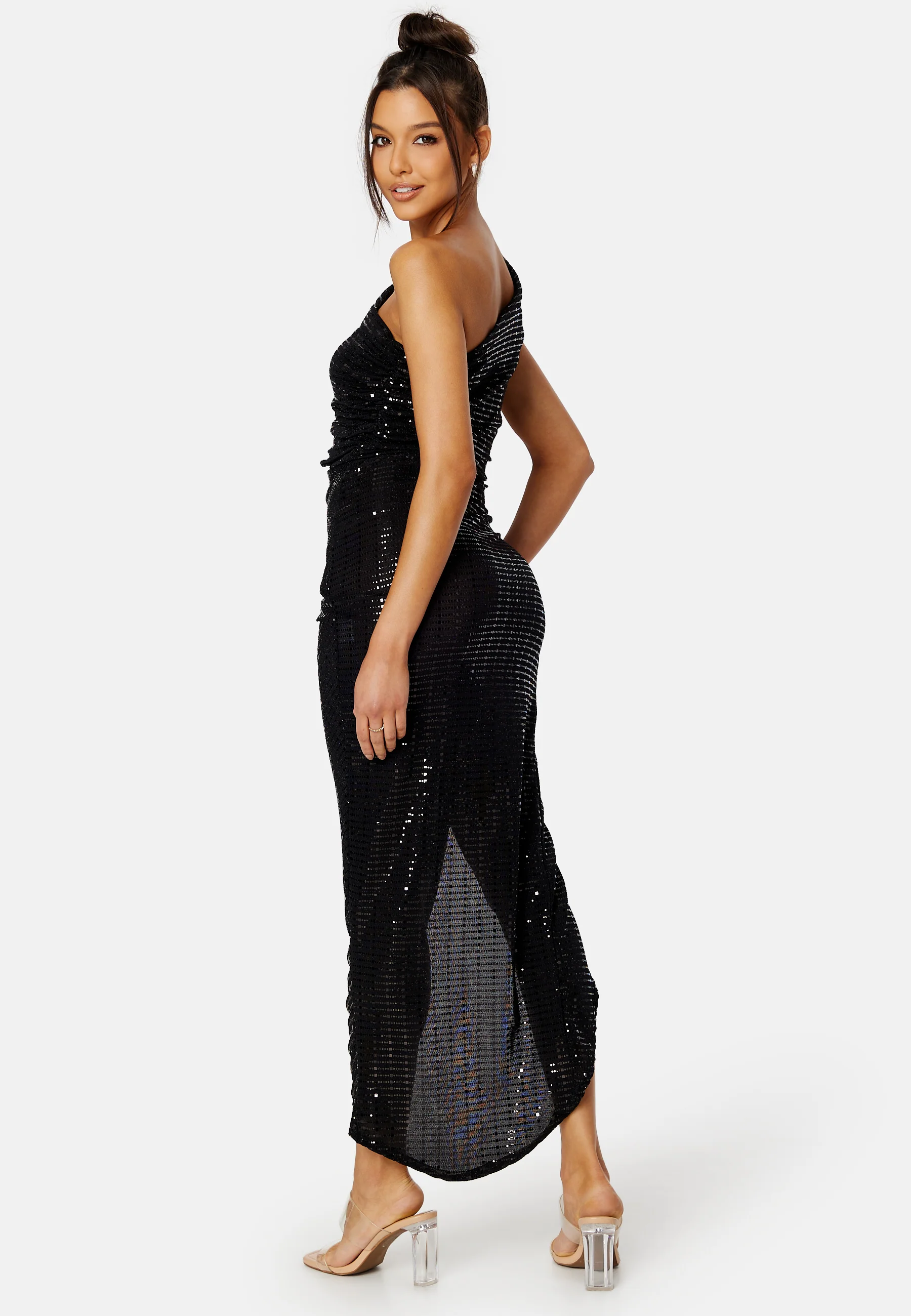 Sequin One Shoulder Sleeve Rouch Dress - Image 2