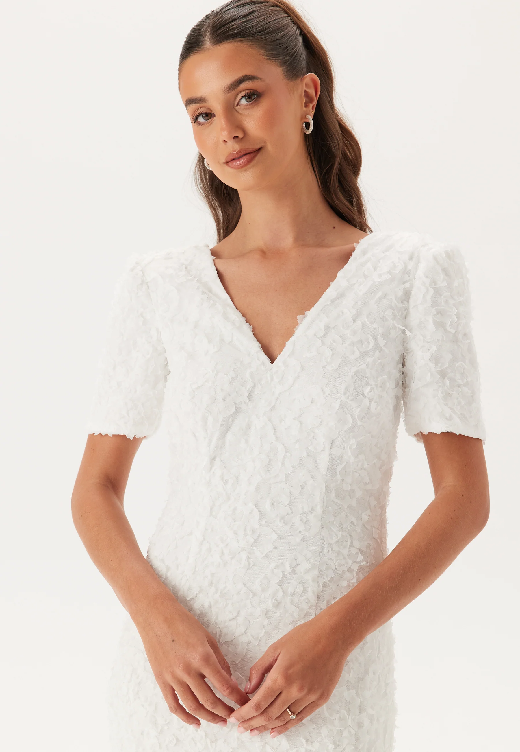 Short Sleeve 3D Floral Wedding Gown - Image 4