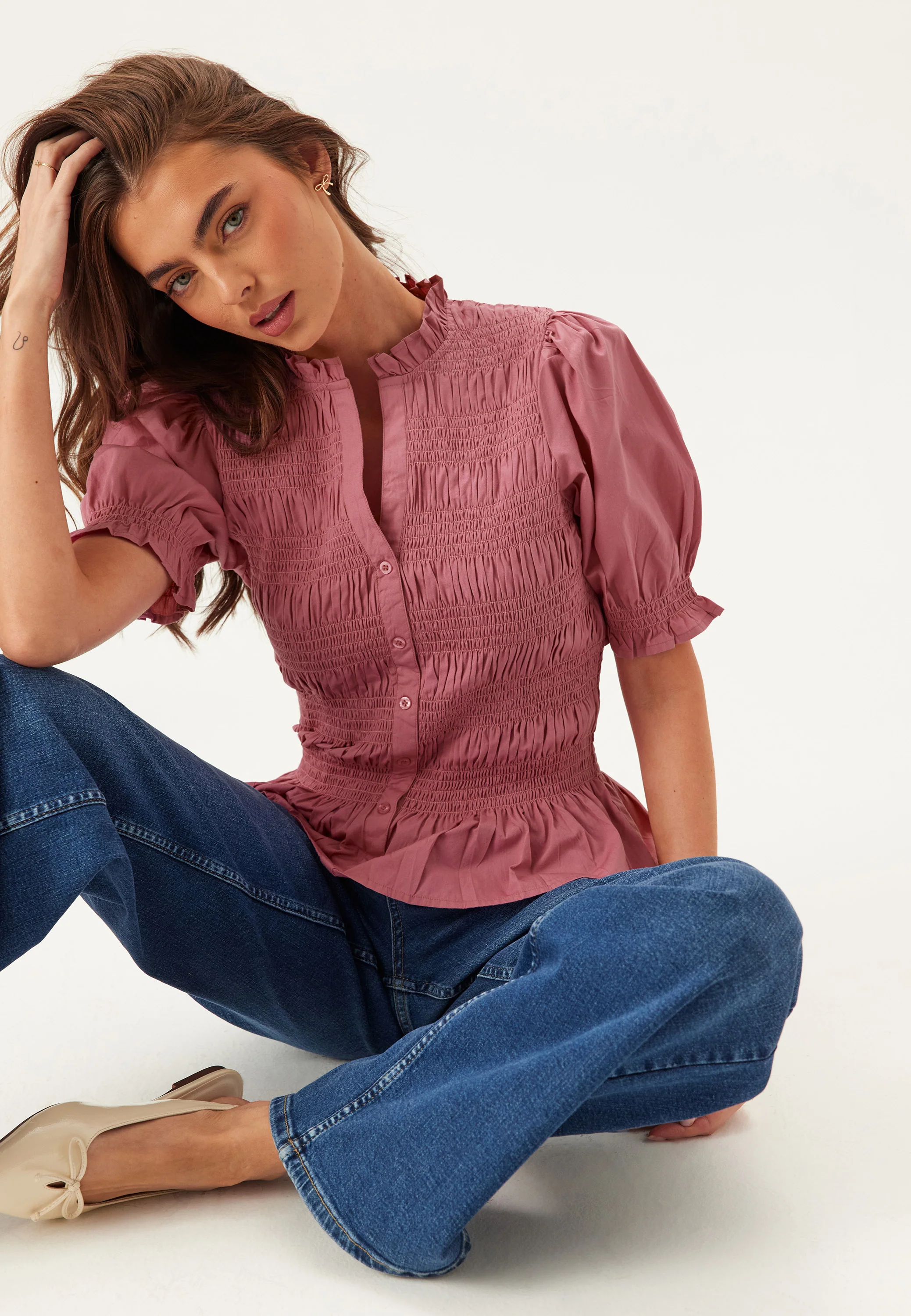 Short Sleeve Cotton Smock Blouse
