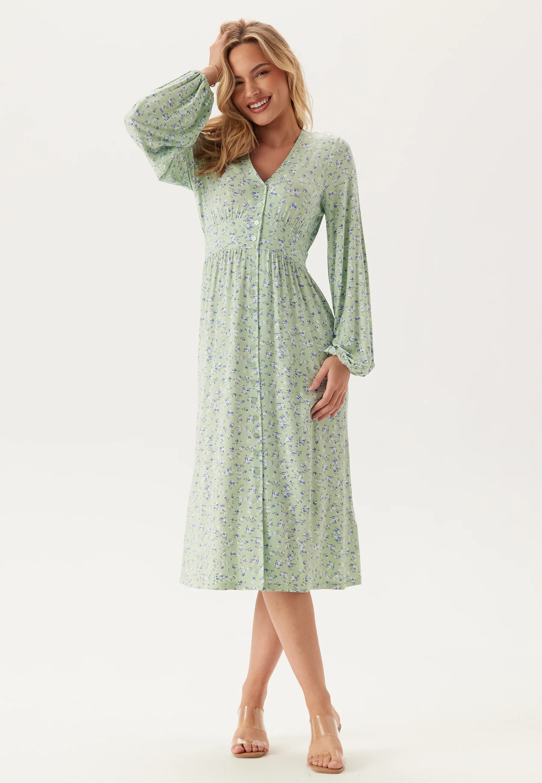 Soft Midi Button Volume Sleeve Dress