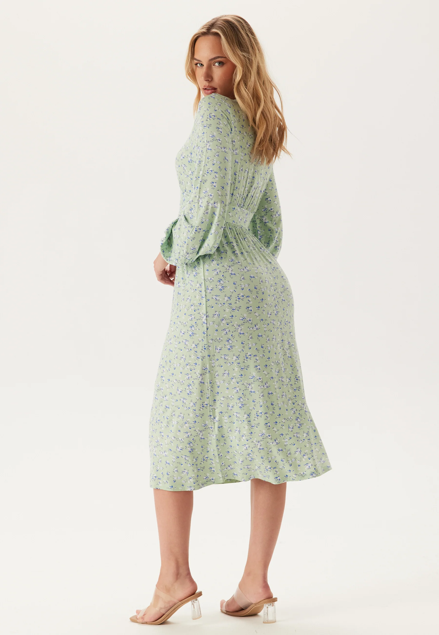 Soft Midi Button Volume Sleeve Dress - Image 2