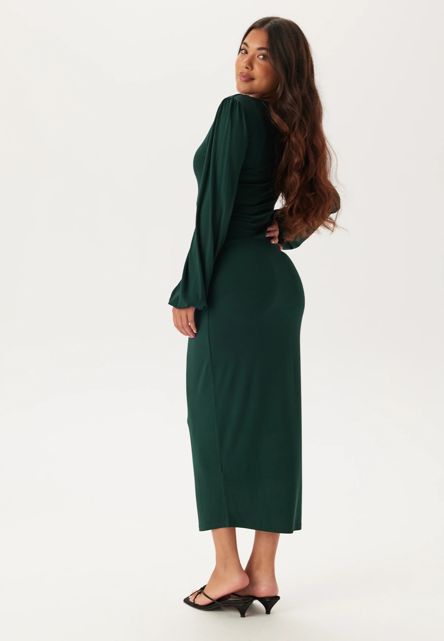 Square V-neck puff sleeve midi dress - Image 2