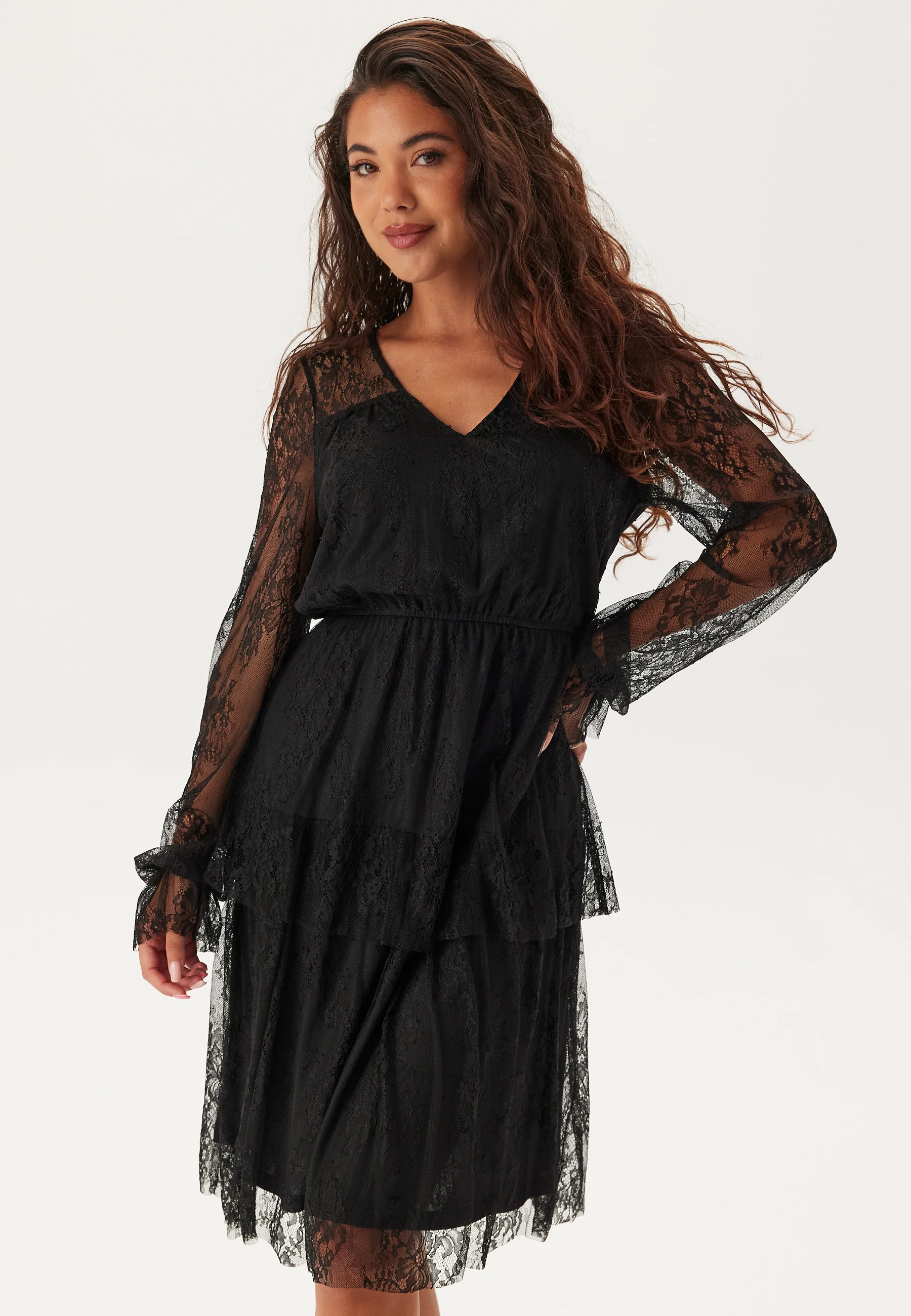 Tiered Puff Sleeve Lace Midi Dress - Image 2