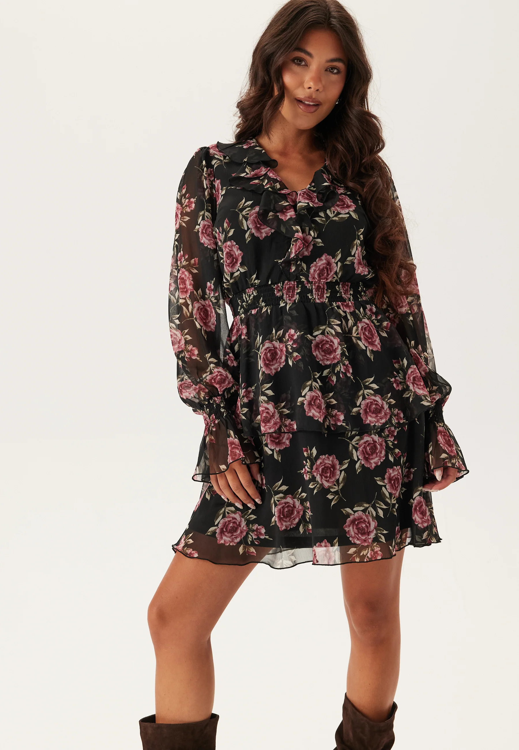 V-neck Frill L/S Chiffon Dress - Image 3
