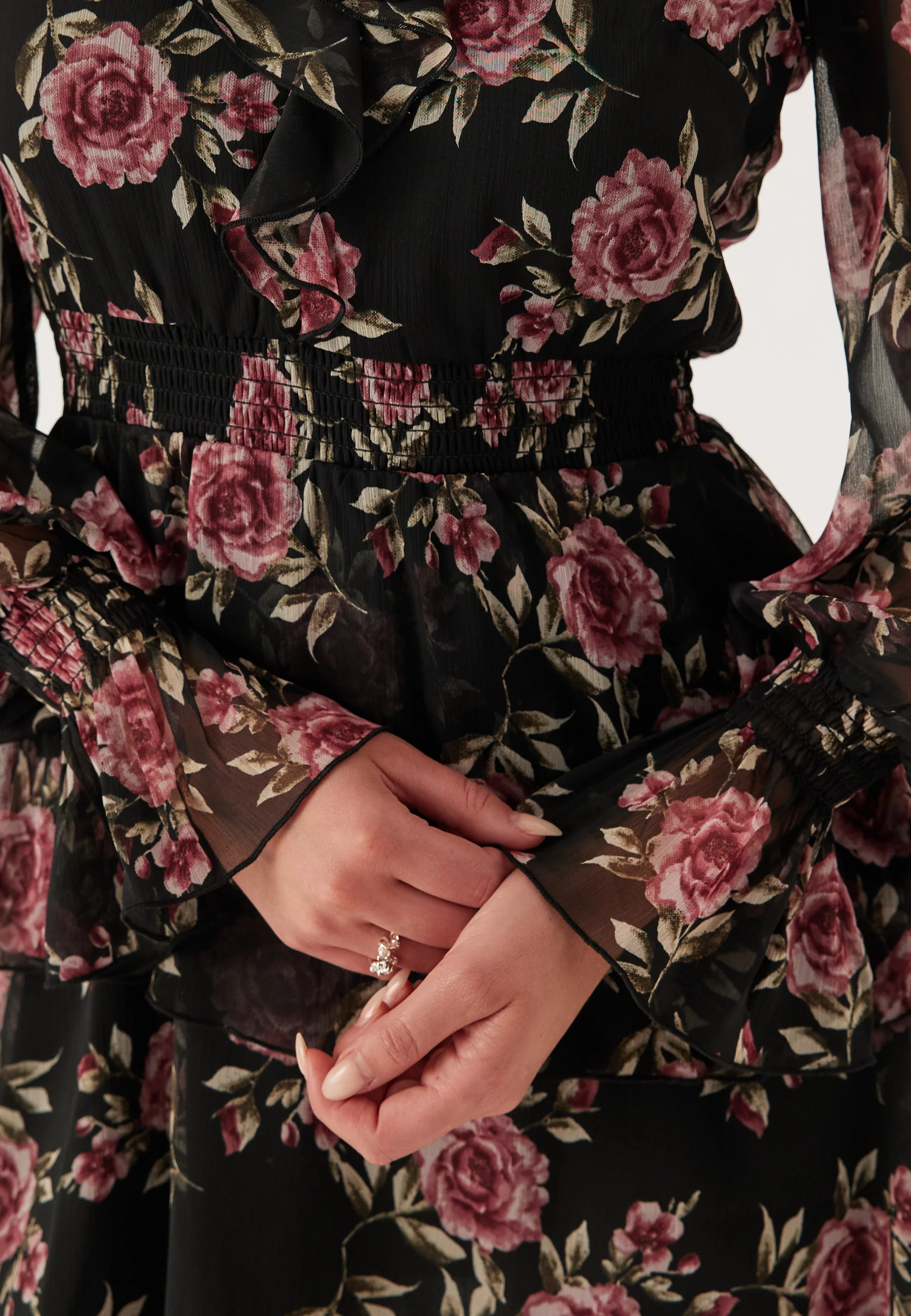 V-neck Frill L/S Chiffon Dress - Image 5