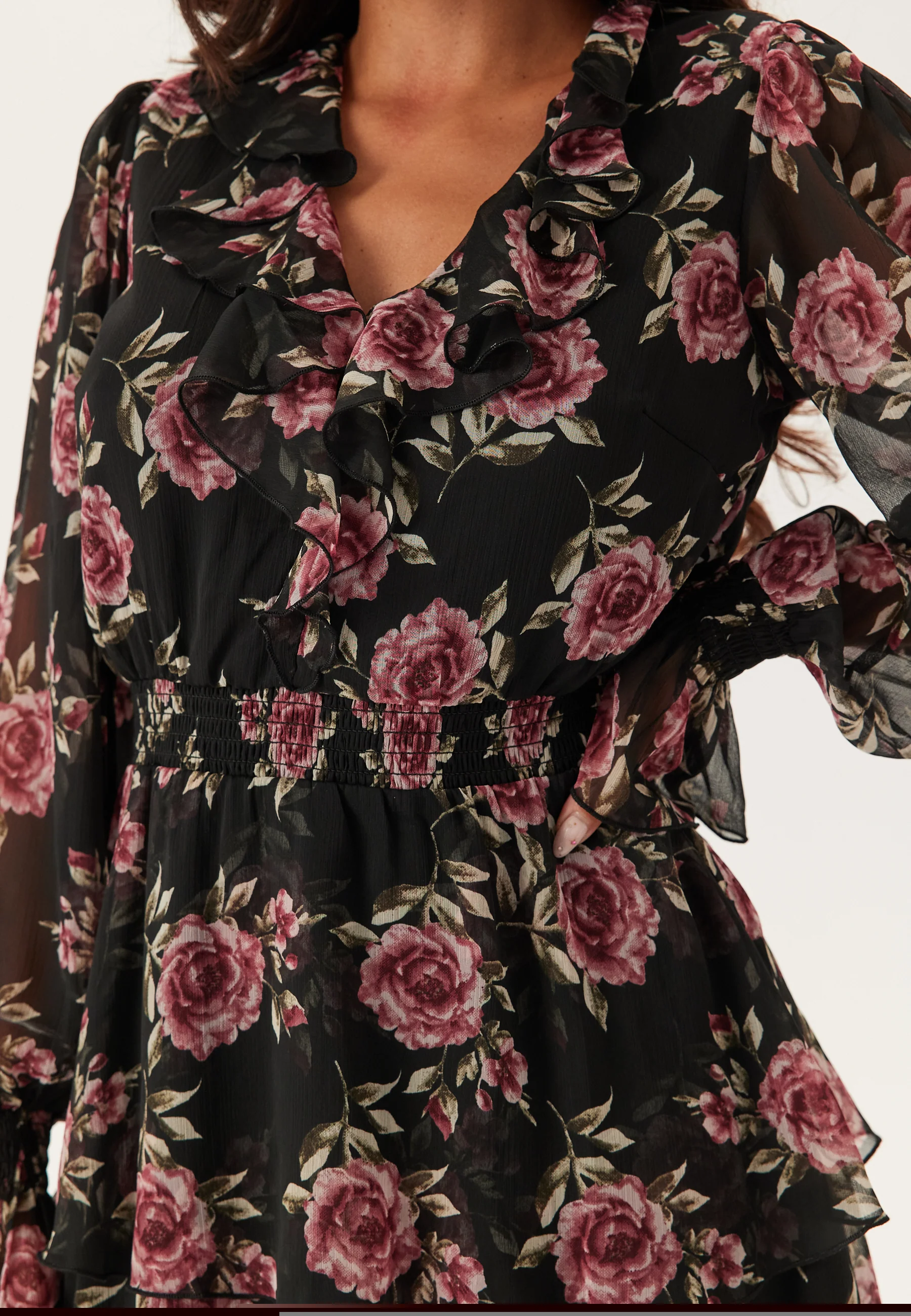 V-neck Frill L/S Chiffon Dress - Image 6