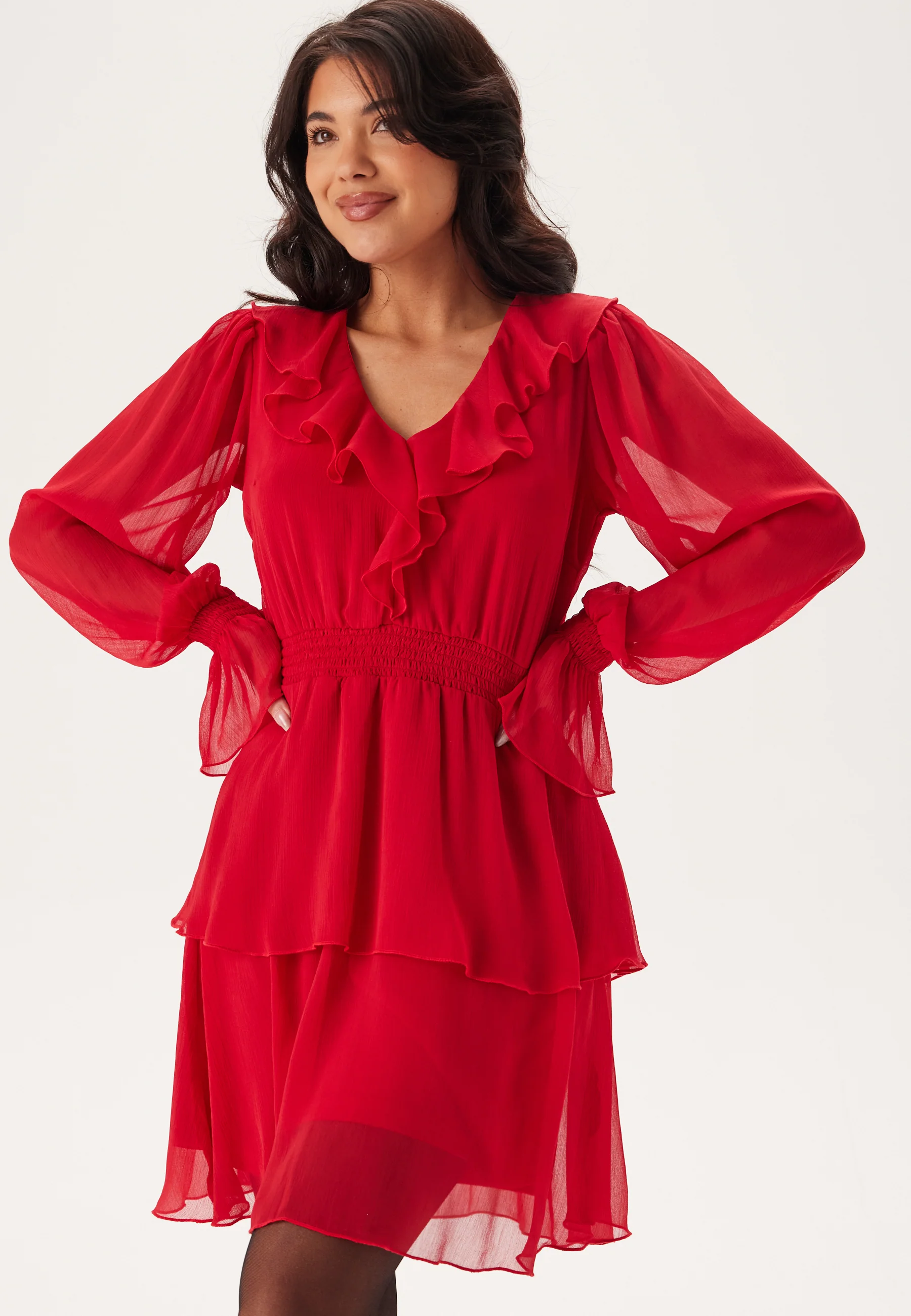 V-neck Frill L/S Chiffon Dress - Image 2
