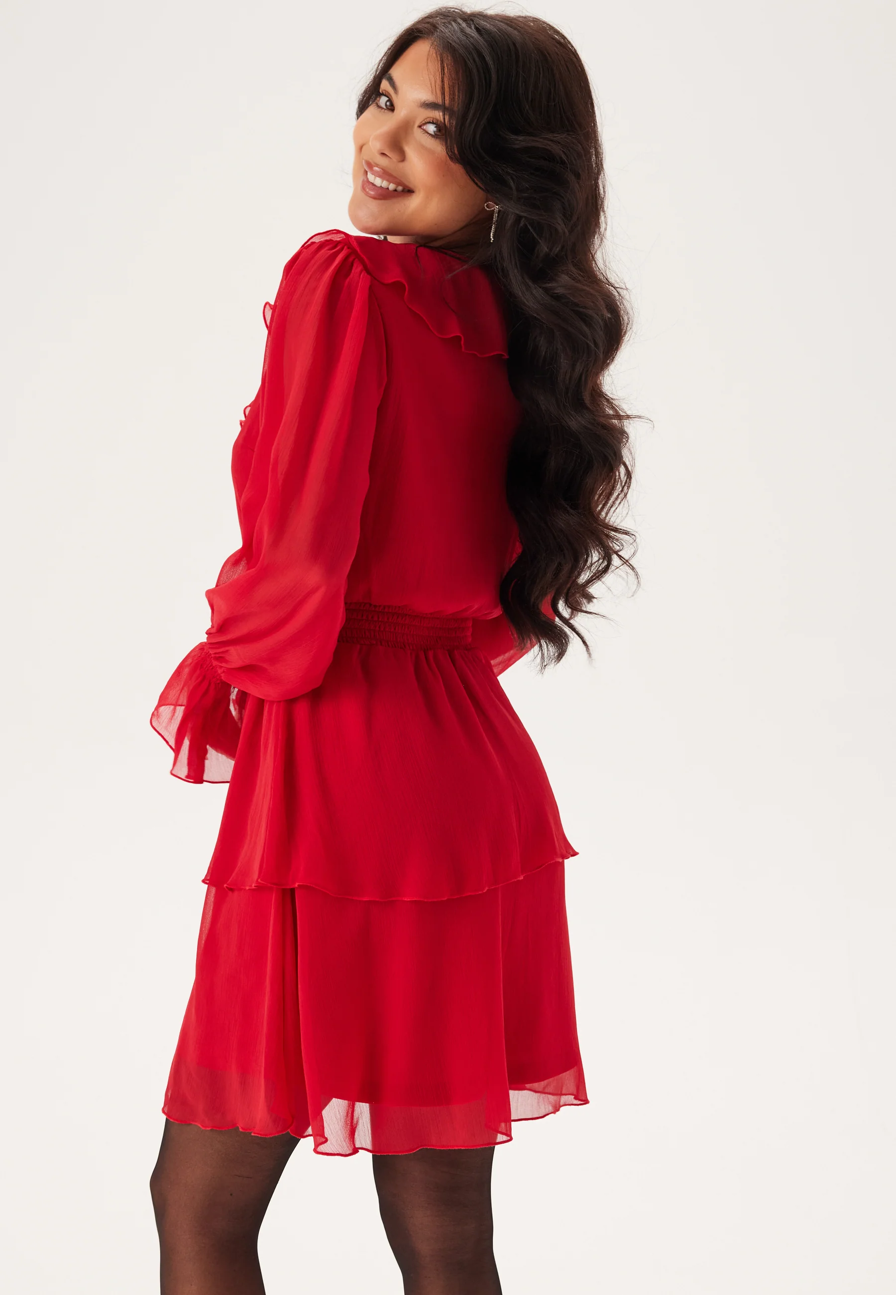 V-neck Frill L/S Chiffon Dress - Image 3
