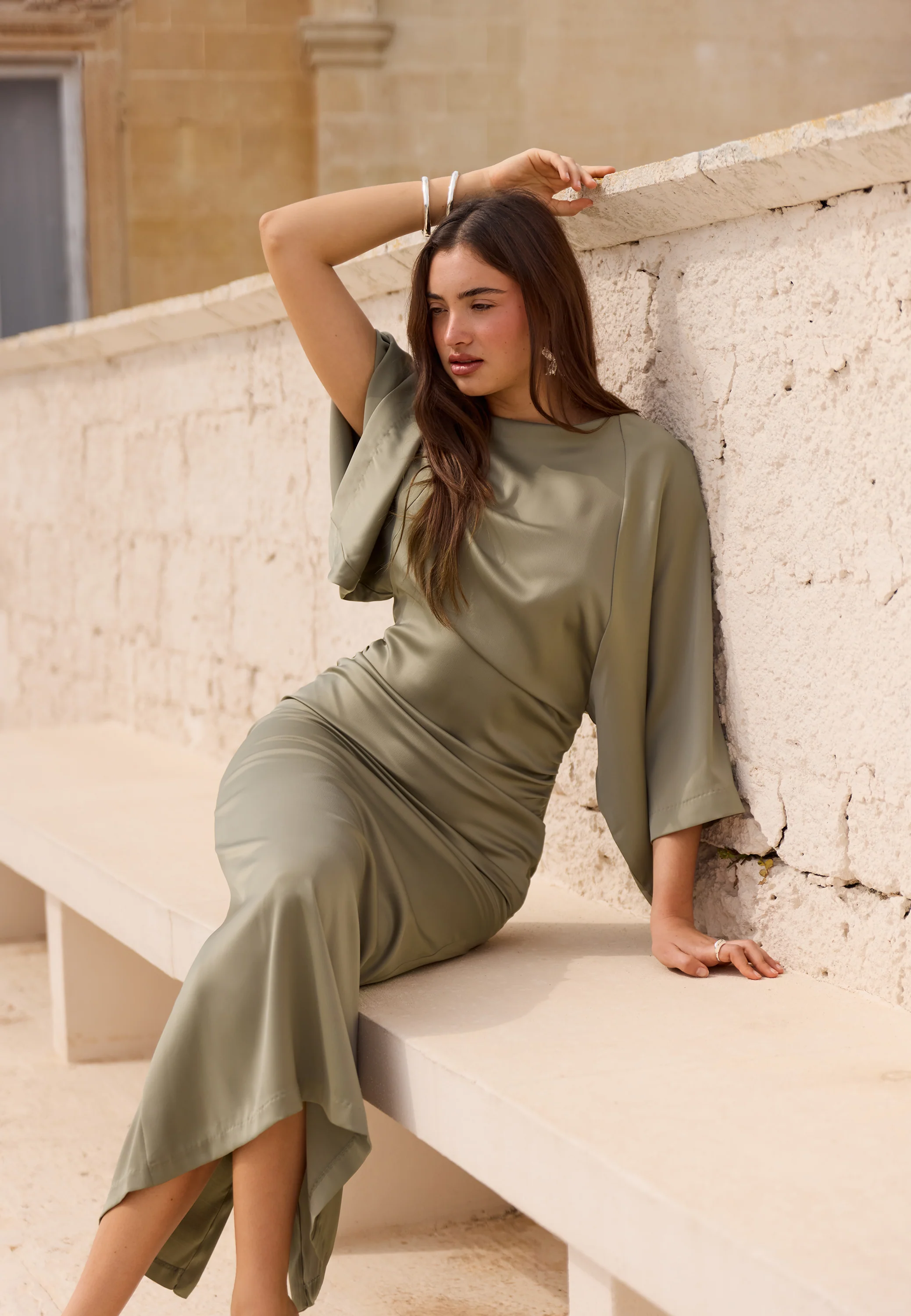 Wide Sleeve Satin Ankle Dress - Image 2